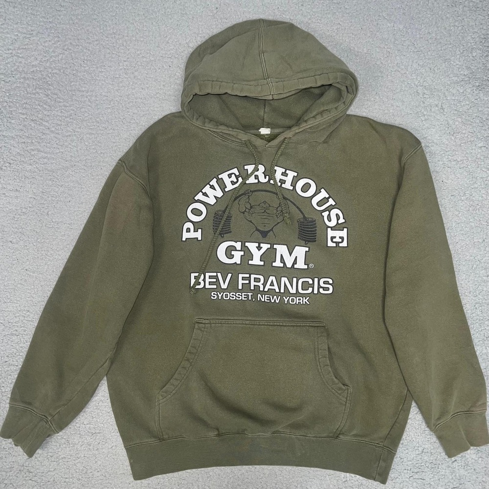 VTG‎ Powerhouse Gym Bev Francis Hoodie Men's Sz L Green Syosset New York 2-Sided